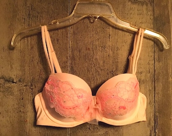 Pink Victorias Secret Dream Angels Demi Bra 34C Lace & Crystals