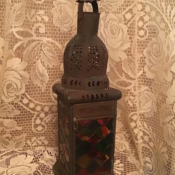 Antique Lantern Brass Filigree Stained Glass Panels Unique Rare