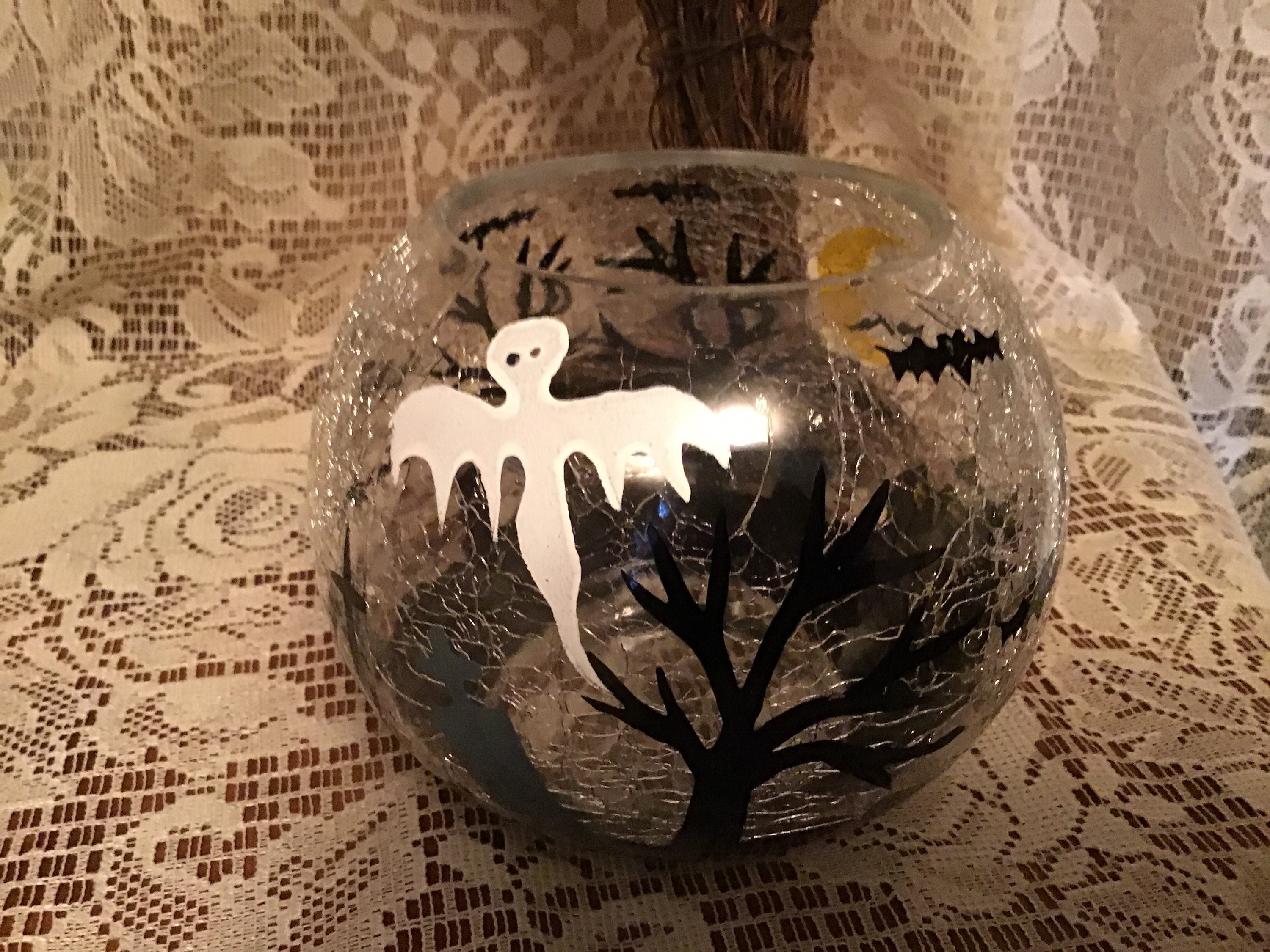 Haunted House Graveyard Candle Holder Crackled Glass Large Etsy