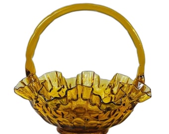 Vintage Fenton Amber Basket: Thumbprint Ruffle Edge, Bamboo Handle