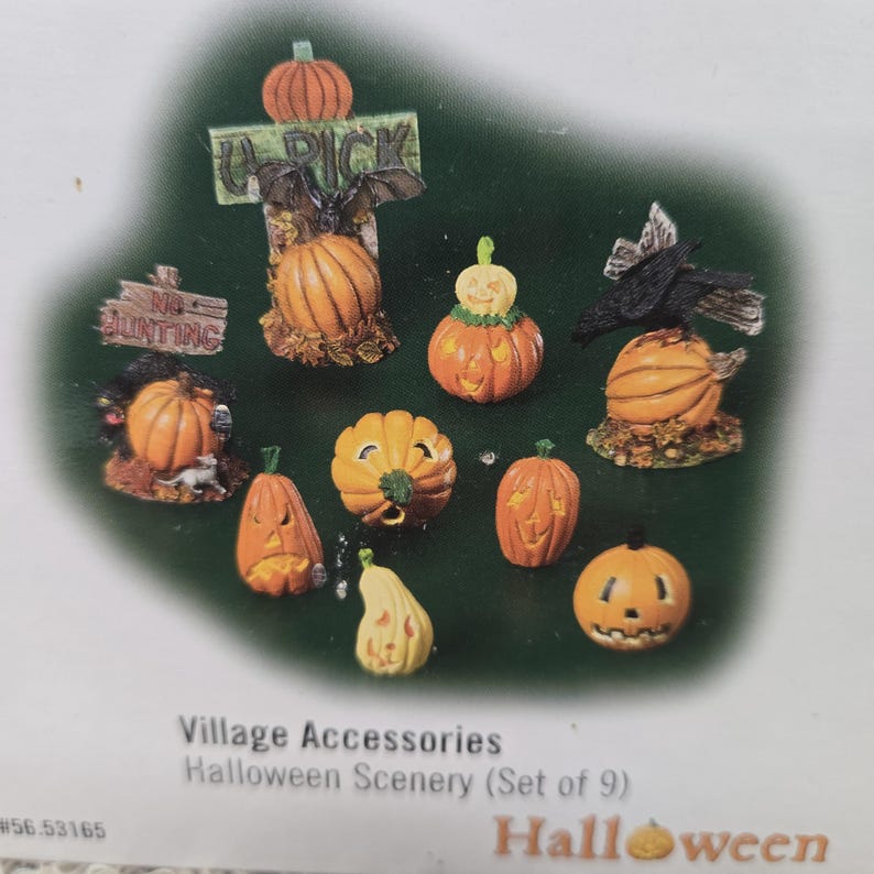 Peut inclure: Un ensemble de neuf accessoires miniatures pour village d'Halloween comprenant des citrouilles orange, des lanternes, un corbeau noir, une chauve-souris et des panneaux en bois avec le texte U-PICK et NO HUNTING. Diverses figurines de citrouilles.