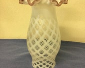 Fenton Opalescent Glass Shade Hurricane Lamp Lattice Pattern Pink Ruffled Top Rare