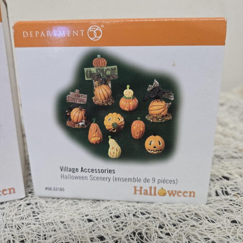 Peut inclure: Un coffret Department 56 Village Accessories Halloween Scenery contenant neuf figurines miniatures de citrouilles, incluant des citrouilles sculpt&eacute;es, un panneau U-PICK, un corbeau sur une citrouille et une chauve-souris sur une bo&icirc;te en carton.