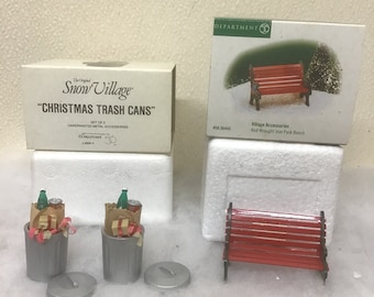 Dept 56 Trash Cans & Park Bench Snow Village Christmas MIB