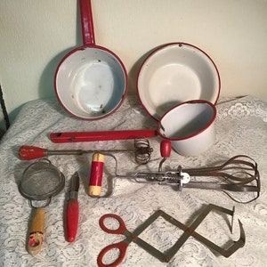 Red Porcelain Enamelware Pots & Utensils Lot 1940’s Kitchen Collectibles