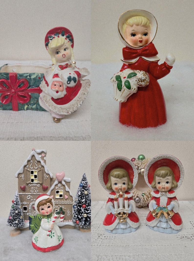 May include: A collection of vintage Christmas figurines. The figurines include a girl in a red coat, a girl in a Santa-themed dress, and two girls holding candles. A gingerbread house and Christmas trees are also present.