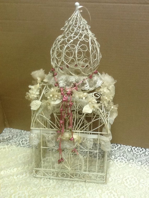 Wire Bird Cage Decorated With White Pink Flowers Vintage Etsy