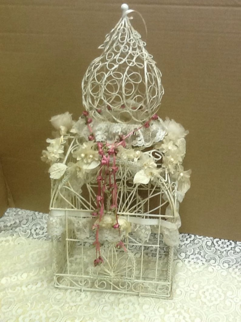 Wire Bird Cage Decorated With White Pink Flowers Vintage Etsy