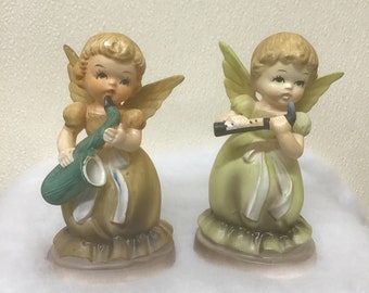 Napco Christmas Angel Figurines Sacophone & Flute Musical Cherup Holiday Decor