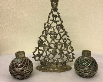 Candle Holders Christmas Tree-Red & Green Glass Ball Ornaments Silver Filigree Godinger