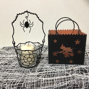 Witch Candle Holder & Spider Web Wire Basket Halloween Decor