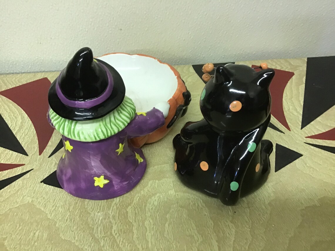 Cute Witch Candy Dish & Black Cat Vintage Halloween Decor Etsy