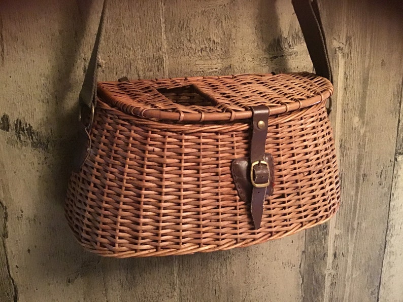 Antique Fishing Creel Wicker Basket Early 1900's Primitive Etsy
