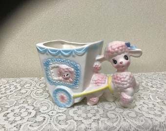 Enesco Pink Lamb Pulling Cart Planter Vase MCM Adorable Girls Room