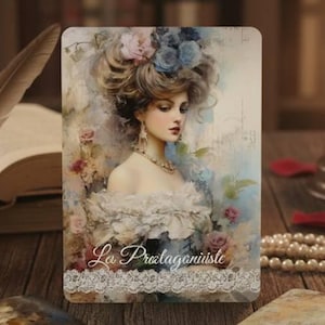 May include: Three rectangular cards with rounded corners featuring artistic portraits and scenes. The central card displays a person with an elaborate hairstyle and the text La Protagoniste. The other cards show a masked figure and a group of soldiers.