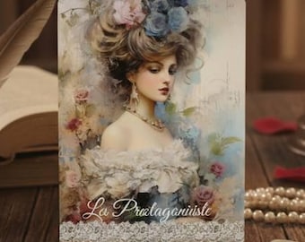 May include: Three rectangular cards with rounded corners featuring artistic portraits and scenes. The central card displays a woman with an elaborate hairstyle and the text La Protagoniste. The other cards show a masked figure and a group of soldiers.