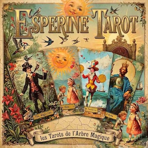Könnte beinhalten: Ein Esperine Tarot-Kartendeck mit Illustrationen im Vintage-Stil. Das Schachtelcover zeigt vier Tarotkarten mit den Titeln The Magician, The Sun, 8 of Pentacles und King of Swords, umgeben von floralen Rändern und Vögeln, mit dem Text Les Tarots de l'Arbre Magique.