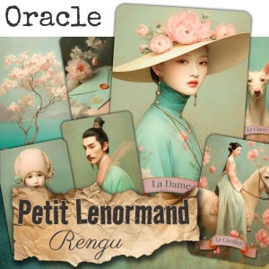 May include: A set of oracle cards with vintage illustrations. The cards depict portraits of people and animals, with floral and botanical designs. The text "Oracle" and "Petit Lenormand Rengu" are displayed on the cards.