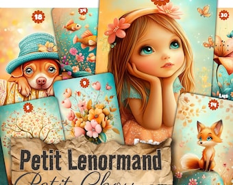 May include: A deck of Petit Lenormand oracle cards featuring colorful illustrations of a girl, a fox, a puppy in a blue hat, flowers, and fish. Each card displays a number in a brown circle. The text Oracle, Petit Lenormand, and Petit Chou is visible.