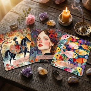 Peut inclure: Cartes de tarot avec des illustrations colorées d'une femme, d'un cavalier et de poissons. Les cartes sont disposées sur une surface en bois avec des cristaux, une bougie allumée et une rose. Les cartes ont du texte en français.
