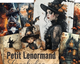Może przedstawiać: Zestaw kart Oracle Petit Lenormand Spookylee z ilustracjami o tematyce Halloween, w tym czarownicą, psem w kapeluszu, nawiedzonym domem i dyniami. Karty przedstawiają mroczne, nastrojowe obrazy z nietoperzami i jesiennymi liśćmi.