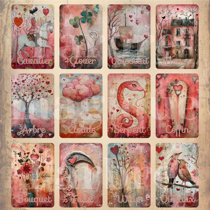 Puede incluir: Un conjunto de doce tarjetas rectangulares con ilustraciones de t&eacute;cnica mixta en tonos rosa y rojo. Cada tarjeta muestra un tema numerado con etiquetas de texto que incluyen Cavalier, Clover, Vaisseau, House, Arbre, Clouds, Serpent, Coffin, Bouquet, Faux, Whips y Oiseaux, decoradas con motivos de corazones.