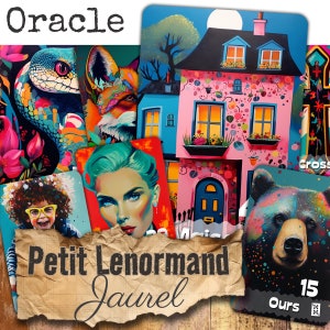 May include: A collection of oracle cards featuring vibrant, colorful illustrations including a snake, a fox, a pink house, a smiling child with yellow glasses, a person's face, and a bear. The text "Oracle", "Petit Lenormand", and "Jaurel" appear.
