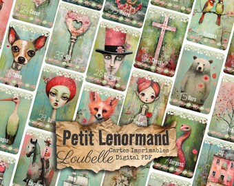 Cartes imprimables Lenormand Loubelle 36 cartes de divination au style naïf + guide PDF jeu divinatoire DIGITAL