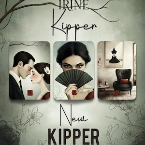 May include: A set of three illustrated cards titled Irine Kipper New Kipper. The first card shows a couple in profile, the second a person holding a black fan, and the third a black armchair in a room. The background is a pale green with tree branches.