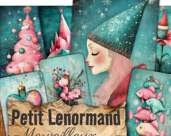 May include: A collection of Oracle Petit Lenormand Merveilleux cards featuring illustrations of a pink Christmas tree, a person in a teal hat, a floral arrangement, and pink and teal fish, all set against a textured teal background with snowflakes.