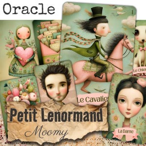 Peut inclure: Un jeu de cartes Oracle Petit Lenormand illustré avec des dessins fantaisistes d'une personne tenant un cœur, des lettres, un cavalier sur un cheval rose, un chien, des fleurs et des portraits, avec le texte Oracle et Petit Lenormand Moomy.