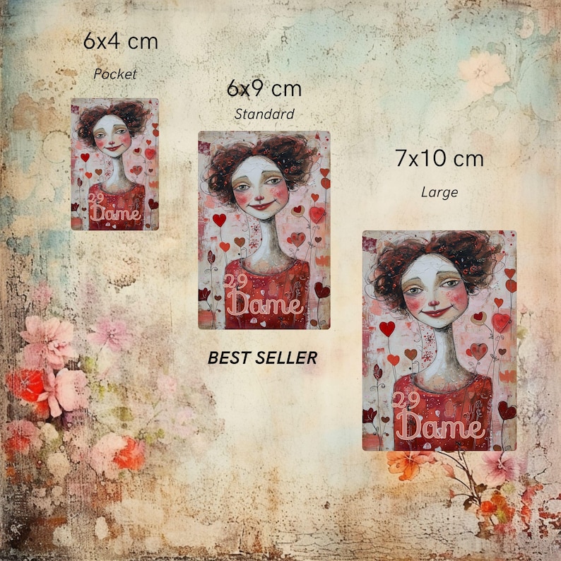 Puede incluir: Tres impresiones rectangulares con una ilustraci&oacute;n estilizada de una persona de cabello oscuro con una blusa roja, rodeada de corazones rojos. Los tama&ntilde;os son 6x4 cm Pocket, 6x9 cm Standard y 7x10 cm Large. Cada impresi&oacute;n incluye el texto 29 Dame.