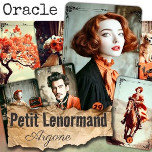 Puede incluir: Una colección de cartas Oracle Petit Lenormand Argone con varias ilustraciones que incluyen una persona con cabello rojo, una persona a caballo, un árbol con hojas naranjas, un ramo de flores y un perro pequeño, todas con bordes decorativos.
