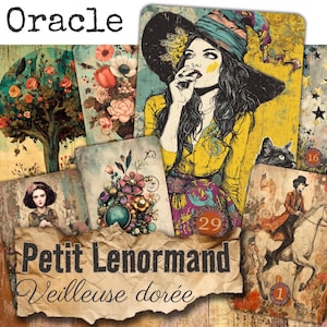 Puede incluir: Una colección de cartas Oracle Petit Lenormand Veilleuse dorée con diversas ilustraciones que incluyen una persona con sombrero de ala ancha, un árbol con flores rojas, un arreglo floral, una persona a caballo y un gato negro, con texto.