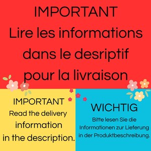 Puede incluir: Un gr&aacute;fico rectangular con una secci&oacute;n superior roja que contiene texto negro en franc&eacute;s, una secci&oacute;n inferior izquierda amarilla con texto negro en ingl&eacute;s y una secci&oacute;n inferior derecha azul claro con texto negro en alem&aacute;n, decorado con flores.