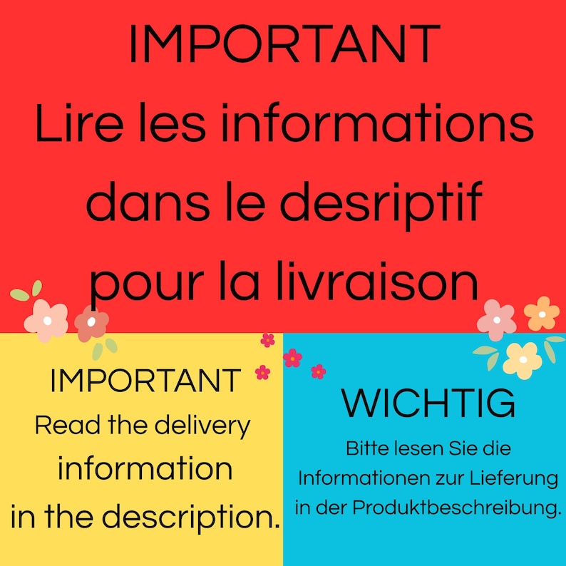 Puede incluir: Un gr&aacute;fico rectangular con una secci&oacute;n superior roja que contiene texto negro en franc&eacute;s, una secci&oacute;n inferior izquierda amarilla con texto negro en ingl&eacute;s y una secci&oacute;n inferior derecha azul claro con texto negro en alem&aacute;n, decorado con flores.