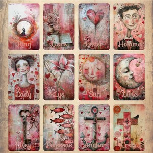 Puede incluir: Un conjunto de doce tarjetas rectangulares con ilustraciones de t&eacute;cnica mixta en tonos rojos y crema. Cada tarjeta muestra un tema &uacute;nico que incluye un anillo, libro, coraz&oacute;n, persona, lirio, sol, luna, llave, peces, ancla y cruz con etiquetas de texto.
