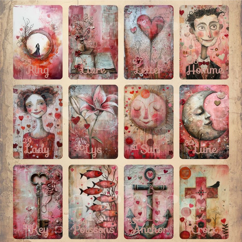Puede incluir: Un conjunto de doce tarjetas rectangulares con ilustraciones de t&eacute;cnica mixta en tonos rojos y crema. Cada tarjeta muestra un tema &uacute;nico que incluye un anillo, libro, coraz&oacute;n, persona, lirio, sol, luna, llave, peces, ancla y cruz con etiquetas de texto.