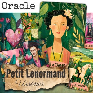 Könnte beinhalten: Ein Set von Petit Lenormand Orakelkarten mit farbenfrohen Illustrationen. Die Karten zeigen eine Frau, einen Mann, Vögel, ein Herz und einen Reiter. Das Wort "Oracle" steht oben und "Petit Lenormand Ursénia" unten, auf einem Vintage-Hintergrund.