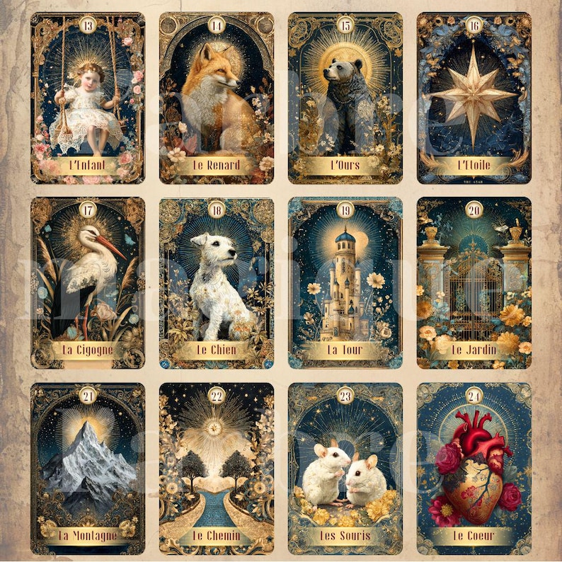 Bleu ciel Lenormand Oracle Deck, design de carte postale vintage
