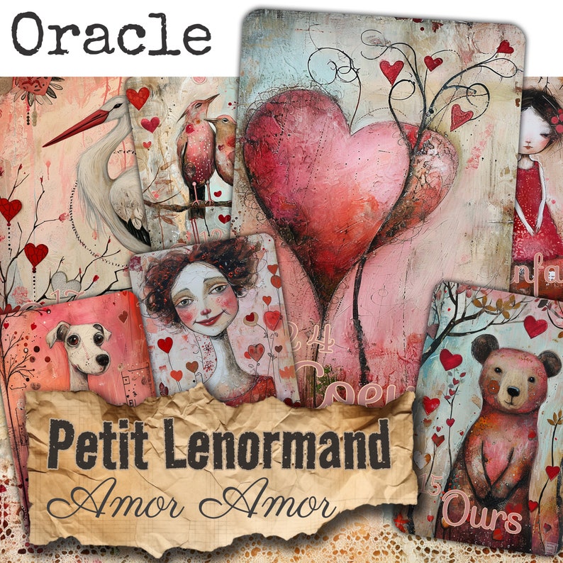Puede incluir: Un conjunto de cartas Oracle Petit Lenormand Amor Amor con ilustraciones de t&eacute;cnica mixta de una cig&uuml;e&ntilde;a, p&aacute;jaros, un coraz&oacute;n grande, una persona, un perro y un oso, acentuadas con corazones rojos y texto que incluye Oracle, Petit Lenormand y Amor Amor.