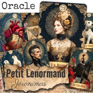 May include: A collection of Petit Lenormand oracle cards featuring ornate gold borders and dark blue backgrounds. The cards display various illustrations including a human heart, a sealed envelope, a person in a floral headpiece, a white dog, two white birds, a man, and a rider on a horse. The text 'Oracle' and 'Petit Lenormand Jéronimas' is visible.