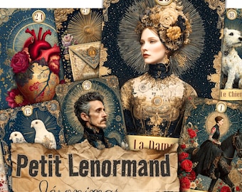 May include: A collection of Petit Lenormand oracle cards featuring ornate gold borders and dark blue backgrounds. The cards display various illustrations including a human heart, a sealed envelope, a person in a floral headpiece, a white dog, two white birds, a man, and a rider on a horse. The text 'Oracle' and 'Petit Lenormand Jéronimas' is visible.