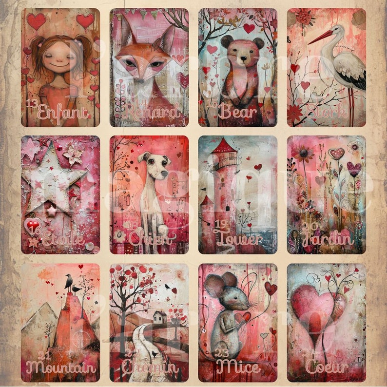 Puede incluir: Un conjunto de doce tarjetas art&iacute;sticas rectangulares con ilustraciones caprichosas en tonos rosa y rojo. Cada tarjeta muestra un tema &uacute;nico que incluye un ni&ntilde;o, un zorro, un oso, una cig&uuml;e&ntilde;a, una estrella, un perro, una torre, un jard&iacute;n, una monta&ntilde;a, un camino, un rat&oacute;n y un coraz&oacute;n.