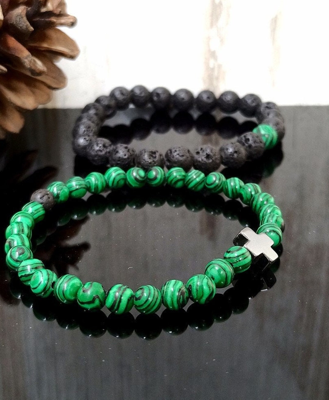 Dark Green Black Bead Double Line Cross Elastic Bracelet Etsy