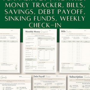 Puede incluir: Un planificador de presupuesto en PDF imprimible con fondo verde. El planificador incluye secciones para el seguimiento mensual del dinero, facturas, ahorros, pago de deudas, fondos de amortización y controles semanales. El texto incluye "Metas", "Instantánea de dinero mensual" y "Seguimiento de suscripciones".