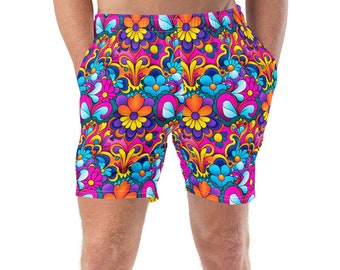 Men's Swim Trunks - Disco Flower Power Print - Bright & Colorful - Trippy - Elastic Waistband - Lined - Stash Pocket - Eco Friendly