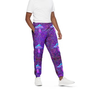May include: Purple sweatpants with a psychedelic pattern of mushrooms and swirls.