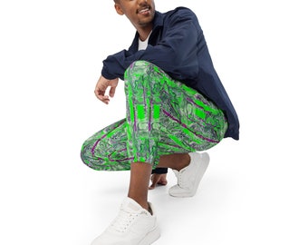 May include: A person wearing a navy blue jacket and green and purple patterned pants. The pants have a marbled design.