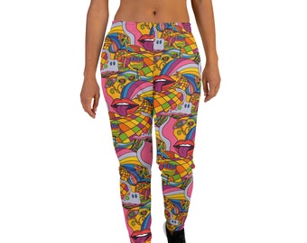 May include: Women's sweatpants with a psychedelic pattern featuring colorful eyes, lips, and geometric shapes on a pink background.